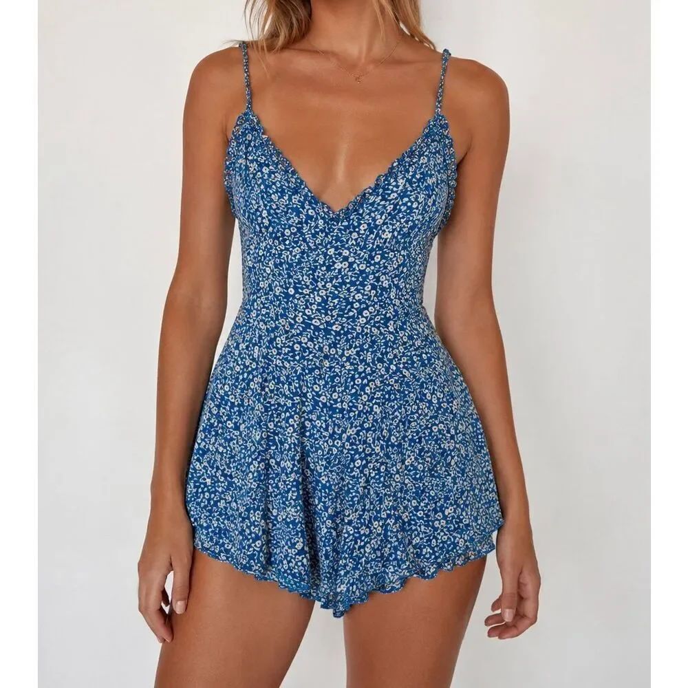 Princess Polly Blue Floral Romper Dress sz : 4 Cottagecore Mini